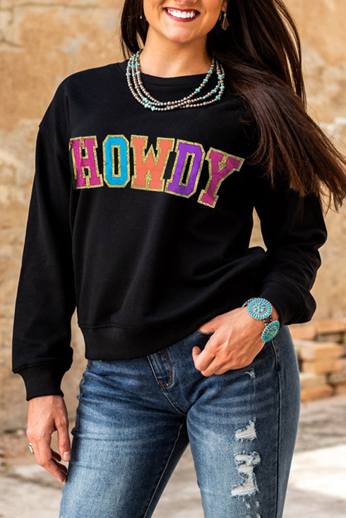 Black Howdy Crewneck Drop Sleeve Pullover Sweatshirt
